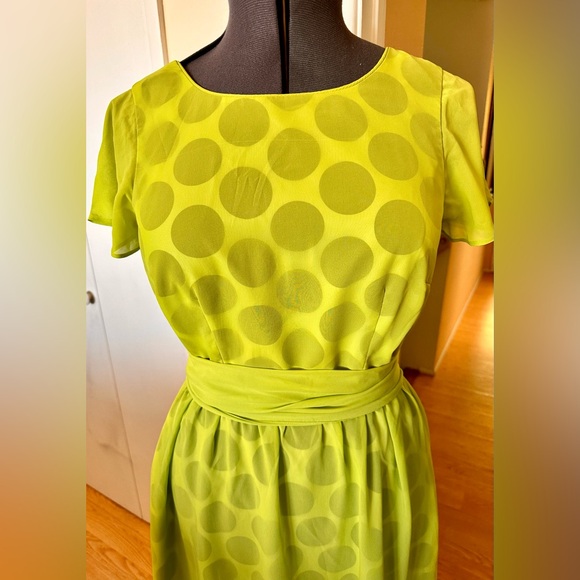 Sara Campbell Black Polka Dot Under Sheer Lime Green Fit & Flare Dress Sz 10 - Picture 3 of 11